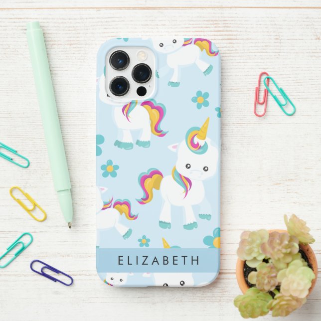 Funda Para iPhone Patrón De Unicornios, Unicornios Cutos, Su Nombre (En el escritorio)