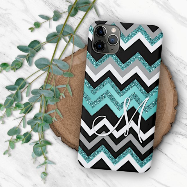 Funda Para iPhone Patrón de zigzag azul turquesa plateado personaliz (Subido por el creador)