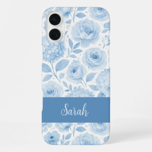 Funda Para iPhone 16 Plus Patrón Floral Acuarela Azul Blanco Nombre