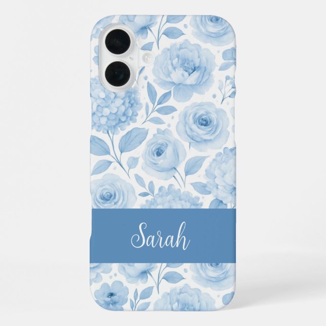 Funda Para iPhone Patrón Floral Acuarela Azul Blanco Nombre (Reverso )