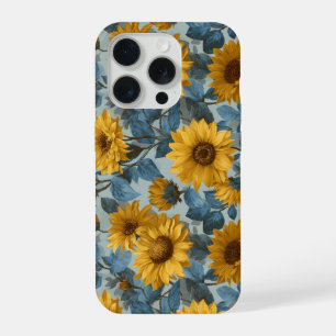 Patrón Floral Azul Girasol Amarillo Vintage