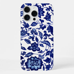 Funda Para iPhone 16 Pro Max Patrón floral azul marino oscuro chino sobre blanc