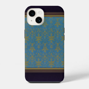 Funda Para iPhone 14 Patrón floral azul y dorado