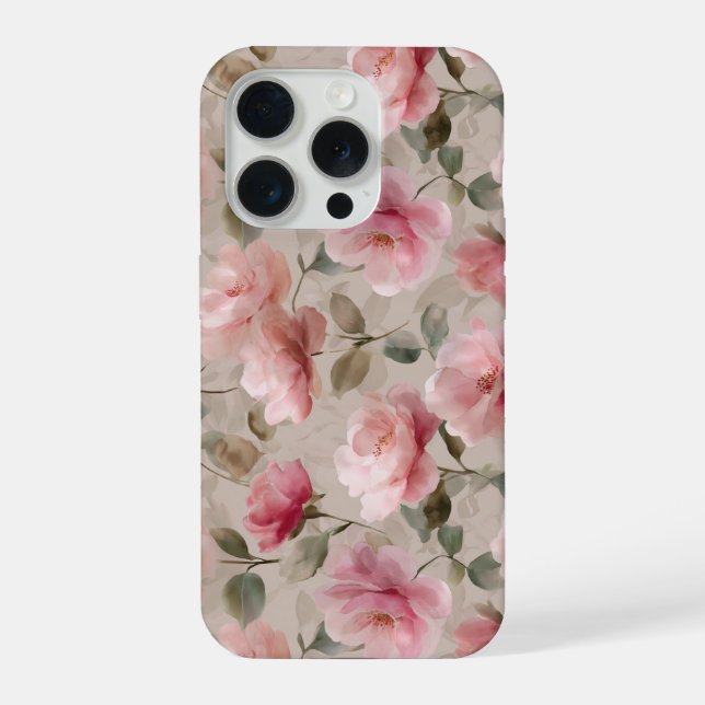 Funda Para iPhone Patrón floral beige rosa suave acuarela (Reverso )