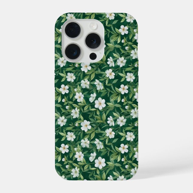 Funda Para iPhone Patrón floral blanco hoja verde acuarela (Reverso )