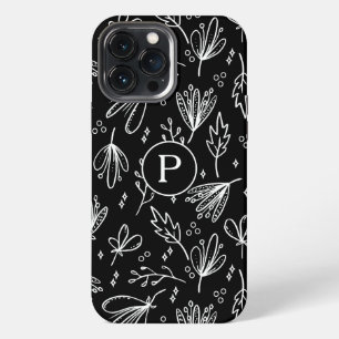 Funda Para iPhone 13 Pro Max Patrón floral blanco negro moderno de monograma