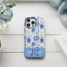 Funda Para iPhone 16 Pro Max Patrón Floral de Acuarela Azul Elegante con Nombre