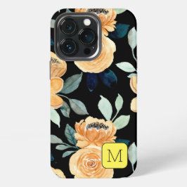 Funda Para iPhone 13 Pro Patrón floral de bonito Negro Beige Azul Inicial