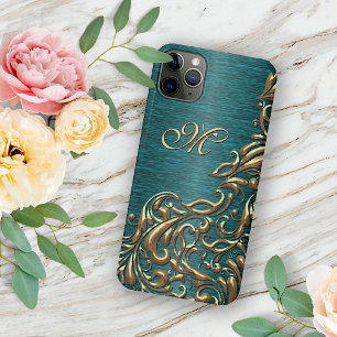 Funda Para iPhone 16 Pro Max Patrón floral de damasco dorado personalizado azul