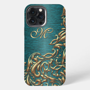 Funda Para iPhone 13 Pro Max Patrón floral de damasco personalizado en azul ver