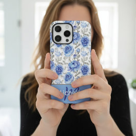 Funda Para iPhone 16 Pro Max Patrón floral elegante de acuarela azul con nombre