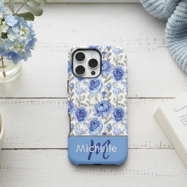 Funda Para iPhone 16 Pro Max Patrón floral elegante de acuarela azul con nombre