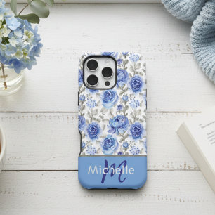 Funda Para iPhone 16 Pro Max Patrón floral elegante de acuarela azul con nombre