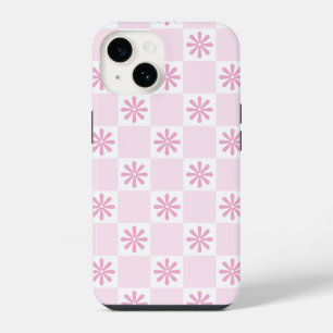 Funda Para iPhone 14 Patrón Floral Estampado de Cuadros Rosa Retro