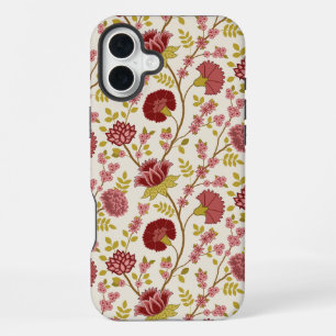 Funda Para iPhone 16 Plus Patrón Floral Jacobino Rojos Rosados Dorado Crema