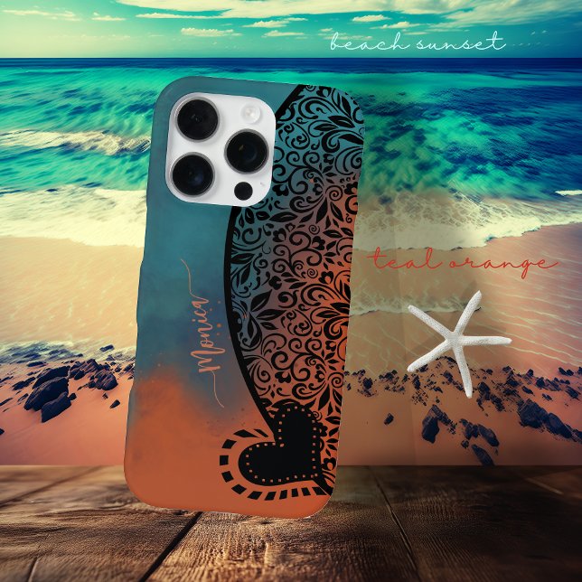 Funda Para iPhone Patrón floral moderno azul y Naranja verde azulado (Teal Blue & Orange Modern Floral Pattern iPhone Case)