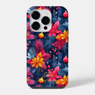 Funda Para iPhone 14 Pro Patrón Floral Navideño Artístico con Cita de Nombr