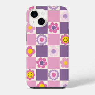 Funda Para iPhone 14 Patrón Floral Retro Cuadros Y2K