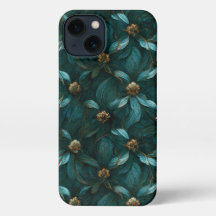 Patrón floral verde azulado y dorado