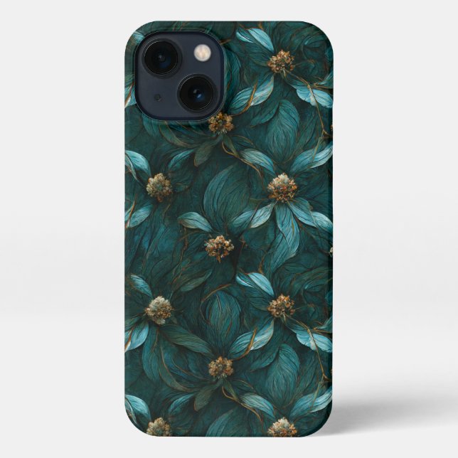 Funda Para iPhone Patrón floral verde azulado y dorado (Reverso )