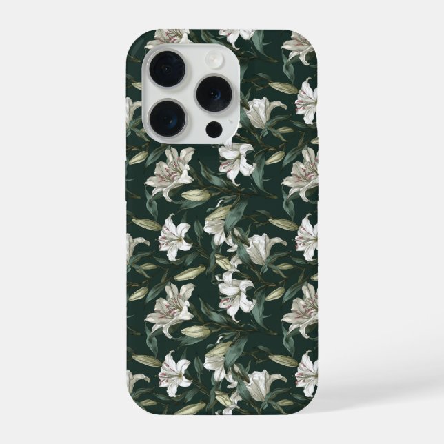 Funda Para iPhone Patrón floral verde de lirio blanco clásico (Reverso )