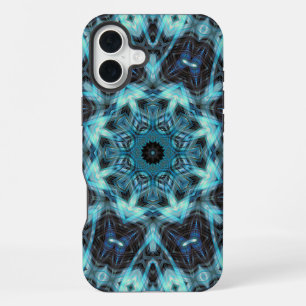 Funda Para iPhone 16 Plus Patrón geométrico azul con resplandor radiante