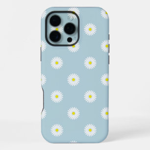 Funda Para iPhone 16 Pro Max Patrón ilustrativo de margaritas sobre azul pálido