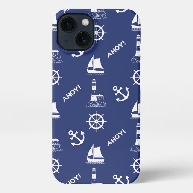Funda Para iPhone Patrón ilustrativo de navegación Blanco+Azul marin (Reverso )