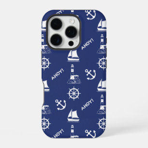 Funda Para iPhone 16 Pro Patrón Ilustrativo de Vela Blanco + Azul Marino