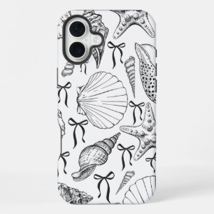Funda Para iPhone 16 Plus Patrón náutico de conchas en blanco y negro