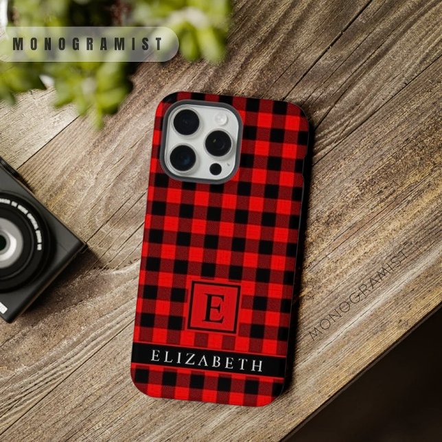 Funda Para iPhone Patrón negro brillante rojo de verificación de per (Customizable Black Bright Red Checkered Pattern iPhone Case)