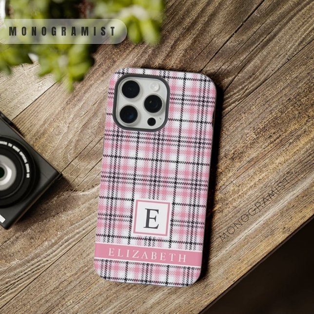 Funda Para iPhone Patrón negro rosado de personalizable (Customizable Pink White Black Checkered Pattern iPhone Case)