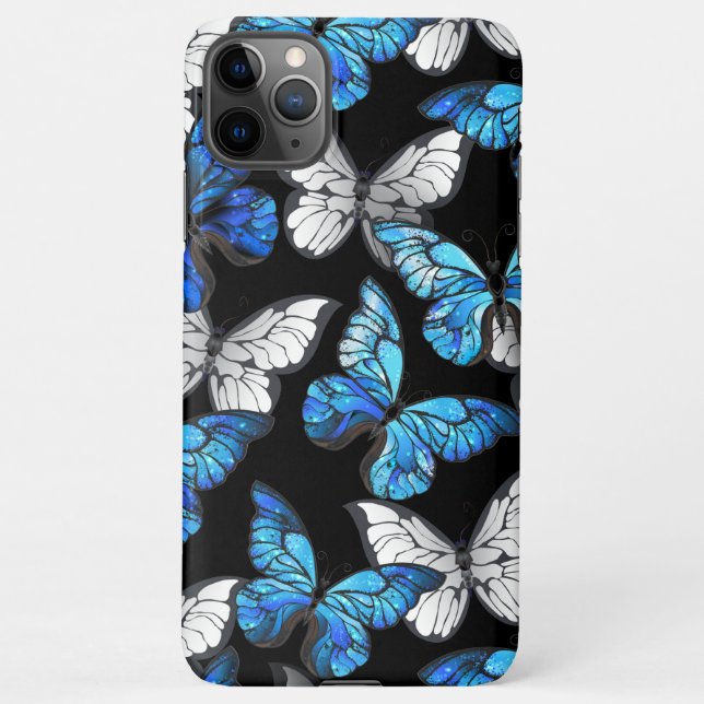 Funda Para iPhone Patrón oscuro sin foco con mariposas azules morfo (Reverso)