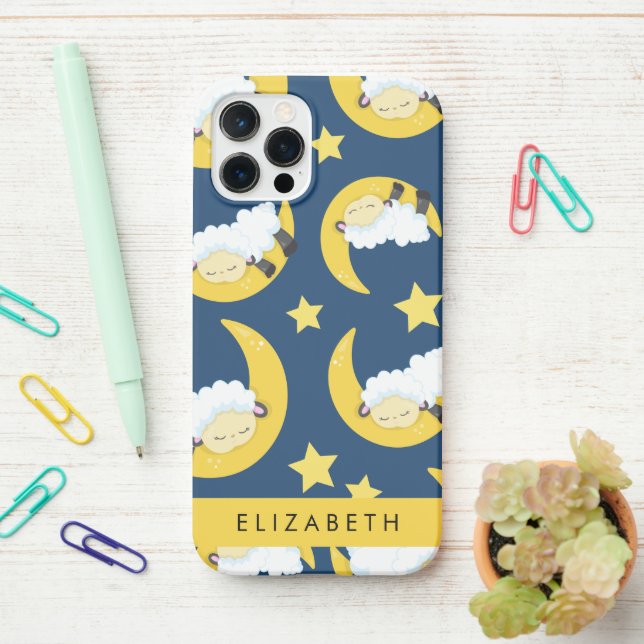 Funda Para iPhone Patrón ovino, oveja durmiente, luna, tu nombre (En el escritorio)
