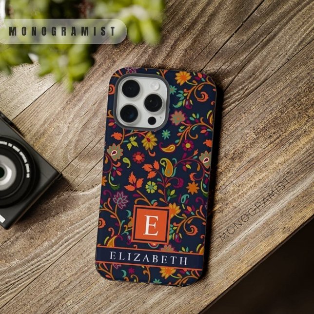 Funda Para iPhone Patrón Paisley del Naranja azul de la Marina Oscur (Customizable Dark Navy Blue Orange Paisley Pattern iPhone Case)