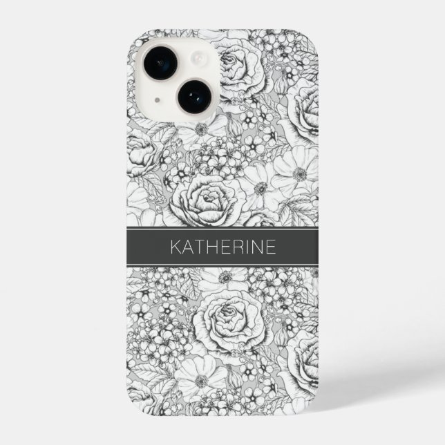 Funda Para iPhone Patrón Rosa de jardines de flores de B&W (Reverso )