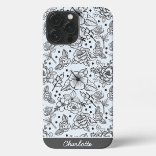 Funda Para iPhone 13 Pro Max Patrón sin soldadura floral en blanco y negro con