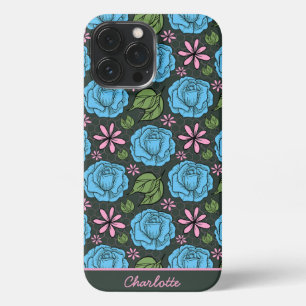 Funda Para iPhone 13 Pro Max Patrón transparente floral rosa azul personalizado