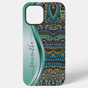 Funda Para iPhone 12 Pro Max Patrón Tribal Teal con Nombre en Monograma