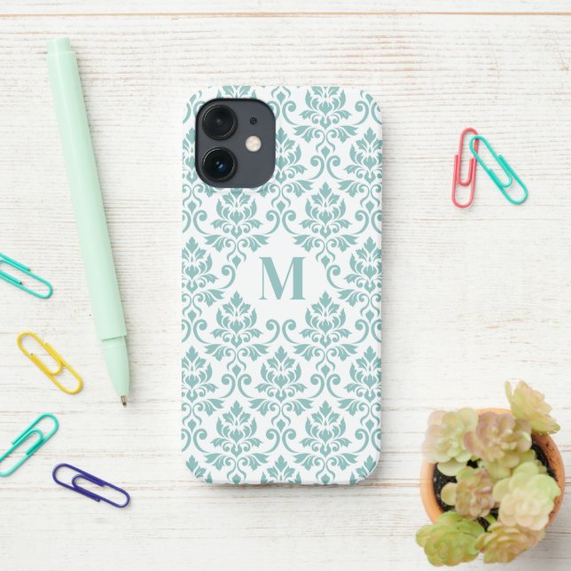 Funda Para iPhone Patrón Verde azulado de Feuille Damask (Personaliz (En el escritorio)
