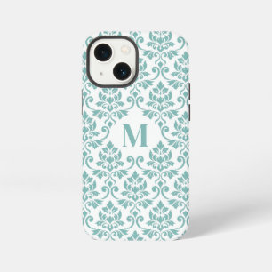 Funda Para iPhone 13 Mini Patrón Verde azulado de Feuille Damask (Personaliz