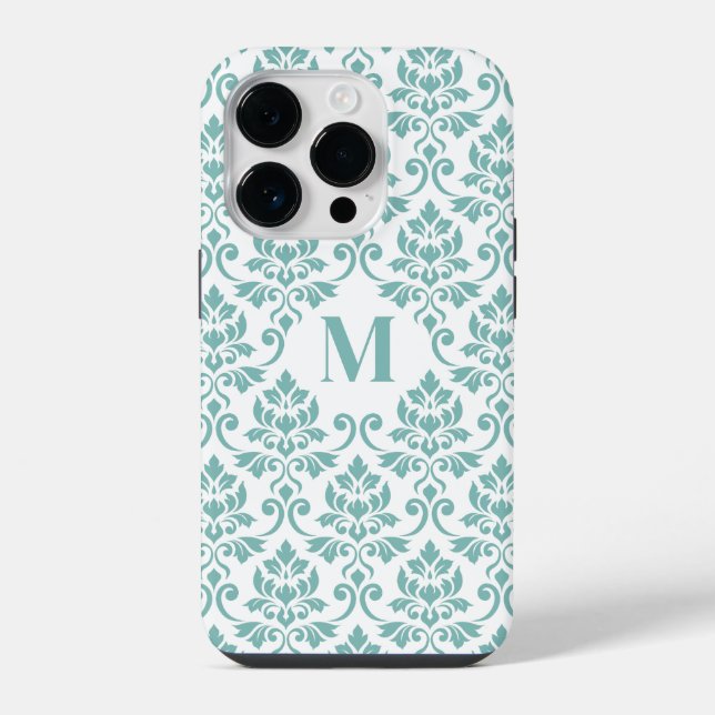 Funda Para iPhone Patrón Verde azulado de Feuille Damask (Personaliz (Reverso )