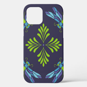 Funda Para iPhone 12 Patrón vintage libélula azul verde sobre fondo osc