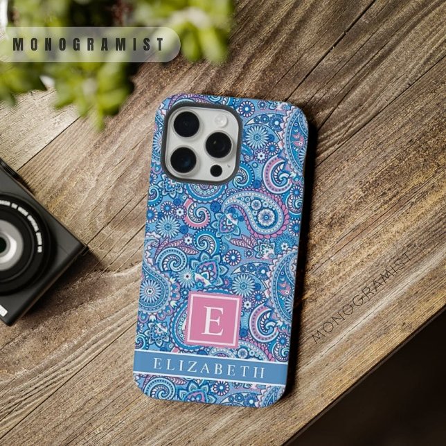 Funda Para iPhone Patte paisley rosa rosa azul brillante personaliza (Customized Bright Blue White Pink Paisley Patte iPhone Case)