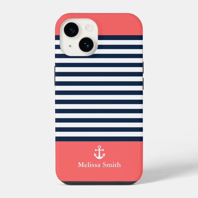 Funda Para iPhone Pattern Navy blue and white bands Orange (Reverso )