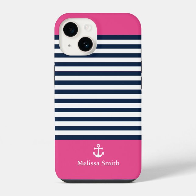 Funda Para iPhone Pattern Navy blue and white bands pink background (Reverso )