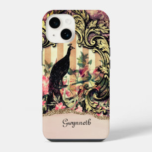 Funda Para iPhone 14 Pavo real negro y malva dorado ornamentado con nom