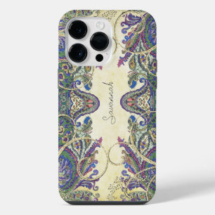 Funda Para iPhone 14 Pro Max Pavo Real Paisley Vintage Dorado Azul Marino