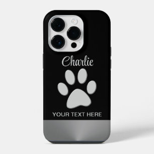 Funda Para iPhone 14 Pro Paw de perro plateado sobre fondo negro