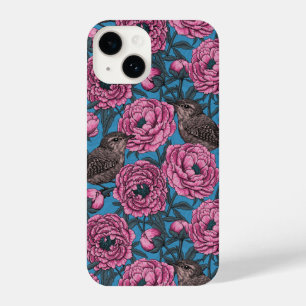 Funda Para iPhone 14 Peonies y wrens en azul